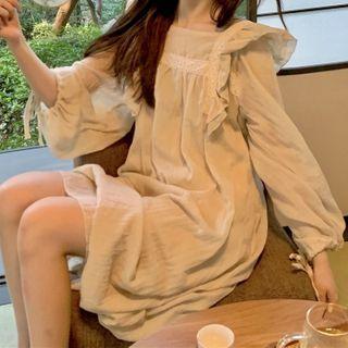 Long-sleeve Square-neck Ruffle Trim Midi Dress Almond - One Size