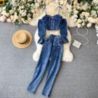 Set Of 2 : Suspender Bell-sleeve Denim Top + Wide-leg Denim Pants