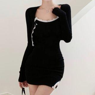 Long-sleeve Lace-trim Crop Cardigan / Spaghetti-strap Lace-trim Mini Dress