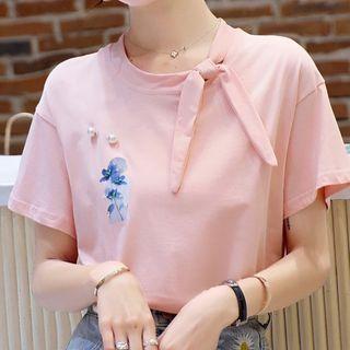 Tie-neck Beaded Printed Short-sleeve Top