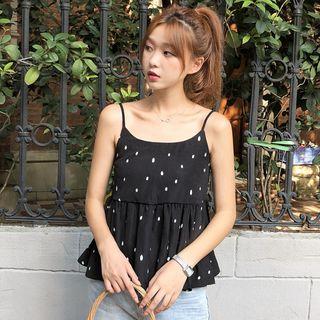 Spaghetti Strap Polka Dot Frill Trim Chiffon Top Black - One Size