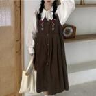 Sleeveless Embroidered Single-breasted Corduroy Mini Dress / Long-sleeve Peter Pan-collar Shirt