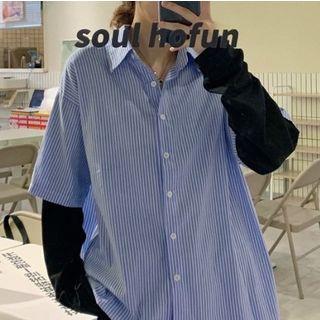 Mock Two-piece Long-sleeve Striped Shirt Stripe - Blue & White - One Size