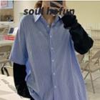 Mock Two-piece Long-sleeve Striped Shirt Stripe - Blue & White - One Size