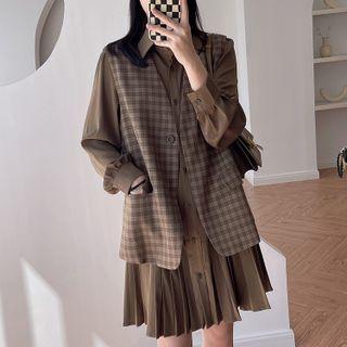Set: Long-sleeve Pleated Shirt Dress + Plaid Vest