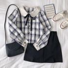Color-block Plaid Peter-pan Collar Lace-up Long-sleeve Blouse