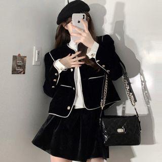 Tie-neck Blouse / Contrast Trim Button-up Jacket / Mini A-line Skirt