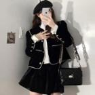 Tie-neck Blouse / Contrast Trim Button-up Jacket / Mini A-line Skirt