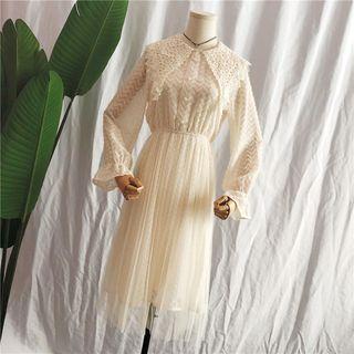 Crochet Collar Long-sleeve A-line Mesh Dress