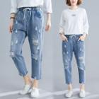 Plain High-waist Ripped Cropped Jeans