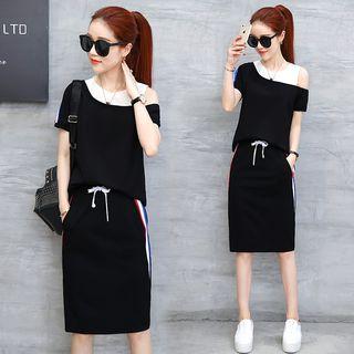 Set: Cutout Top + Drawstring-waist Skirt