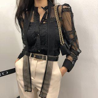 Mesh-lace Blouse & Scarf & Cami Set