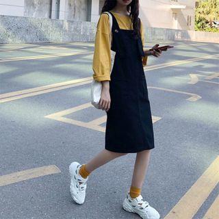 Set: Drop Shoulder Plain T-shirt + Jumper Dress