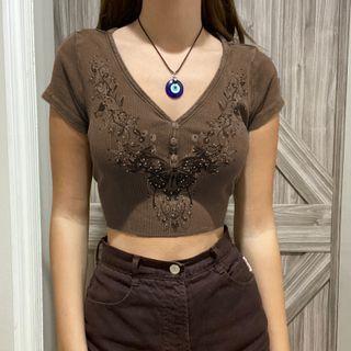 Graphic Print V-neck Ribbed Crop Top