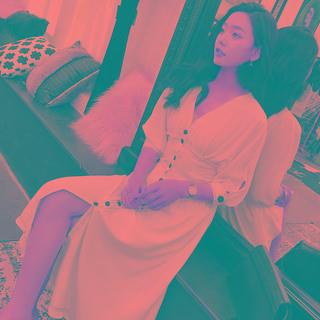 Elbow-sleeve Button-up A-line Midi Dress