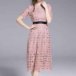 Crochet Lace Short-sleeve A-line Midi Dress