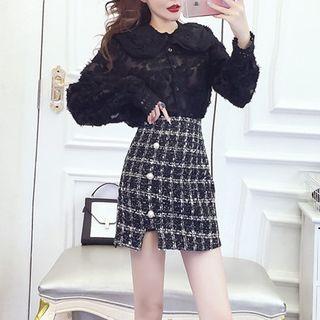 Long-sleeve Lace Blouse / Mini Fitted Tweed Skirt
