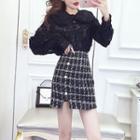 Long-sleeve Lace Blouse / Mini Fitted Tweed Skirt