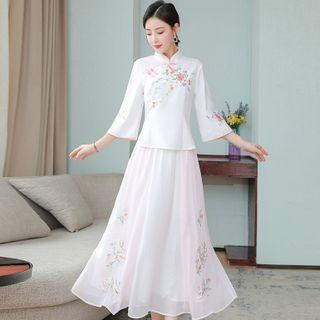 Set: 3/4-sleeve Embroidered Blouse + Midi A-line Skirt