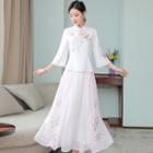 Set: 3/4-sleeve Embroidered Blouse + Midi A-line Skirt