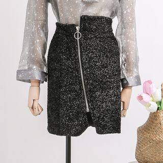 Glitter Asymmetric Zipper Skirt