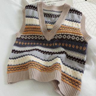 Jacquard Knit Vest Stripe - Khaki - One Size