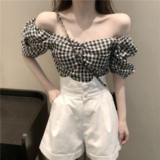 Set: Puff Sleeve V-neck Blouse + High Waist Plain A-line Shorts