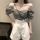 Set: Puff Sleeve V-neck Blouse + High Waist Plain A-line Shorts