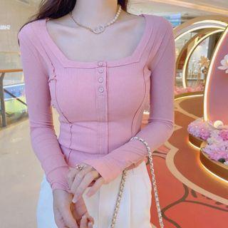 Long-sleeve Square Neck Henley T-shirt