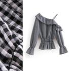 Long-sleeve Cold Shoulder Checked Frill Trim Top