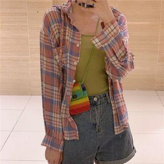 Plaid Hooded Long-sleeve Shirt Pink - One Size