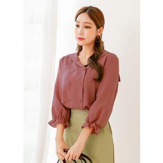 Collared 3/4-sleeve Double-breasted Button Blouse
