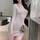 Long-sleeve Cross Halter Plain Mini Dress