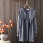 Long-sleeve Peter Pan Collar Plaid Shirt Plaid - Blue - One Size