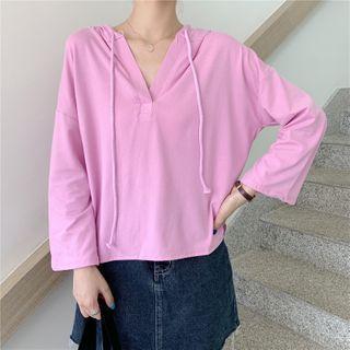 Plain Drawstring V-neck Hoodie