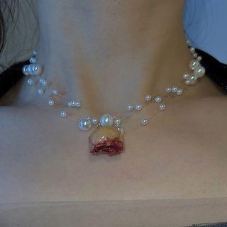 Flower Faux Pearl Choker Red Rose - White - One Size