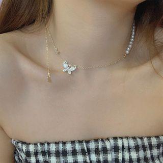 Butterfly Faux Pearl Alloy Choker Gold - One Size