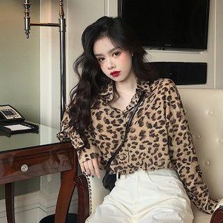 Leopard V-neck Long-sleeve Blouse Leopard - One Size