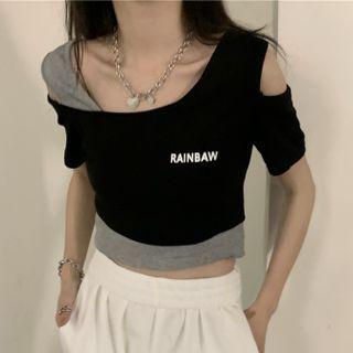 Mock Two-piece Short-sleeve Cold Shoulder Lettering Print Crop Top