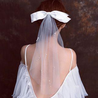 Bow Accent Faux Pearl Wedding Veil White - One Size