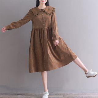Fringed Collar Plain Corduroy Dress