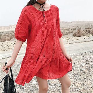 Elbow-sleeve Cutout Ruffle-hem Tunic