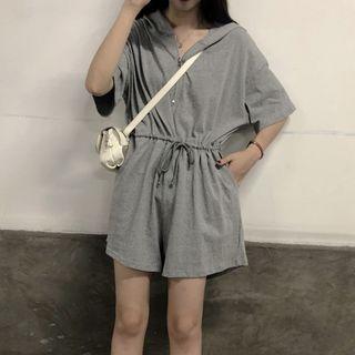 Hooded Drawstring-waist Plain Playsuit