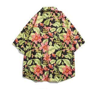Elbow-sleeve Floral Hawaiian Shirt