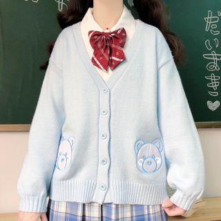 Bear Embroidered Cardigan / Long-sleeve Bow Accent Shirt