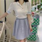 Short-sleeve Collar Contrast Trim Knit Top / Mini Pleated Skirt