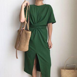 Short-sleeve Slit-front Midi Dress