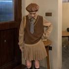 Sweater Vest / Long-sleeve Pleated Dress / Tie