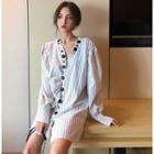 Buttoned Striped V-neck Long Shirt As Shown In Figure - One Size