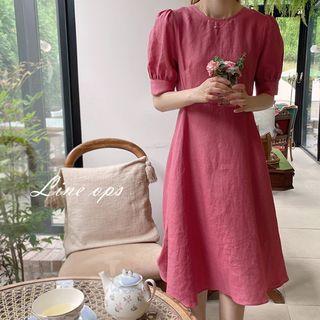 Puff-sleeve Linen Flared Dress